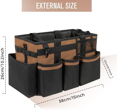 SCAVATA Wearable Cleaning Caddy, Cleaning Caddy Supplies Organizer with Handle & Shoulder Straps for Housekeepers, Under Sink & Car Cleaning Tool Organizers Bag with 4 Foldable Divider (Brown)