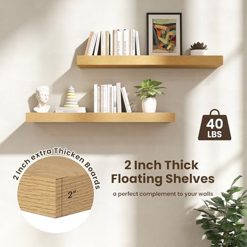 FLYJOE 40 Inch Floating Shelves, 12'' Deep Oak Shelves for Wall Set of 2