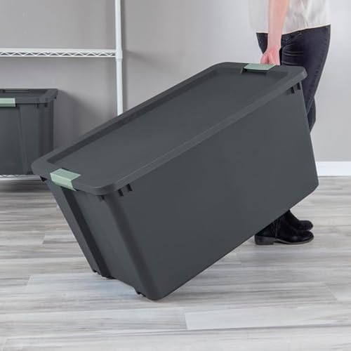 Sterilite 16 Pack 45 Gallon Wheeled Latch Tote, Stackable Plastic Storage Bin, Gray/Green