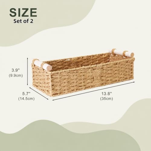 Woven Paper Rope Toilet Paper Basket with Wooden Handles - Rectangular Basket Organizer for Bathroom, Storage Basket for Towels, Diffuser (Beige, 2PACK-13.8" L x 5.7" W x 3.9" H)