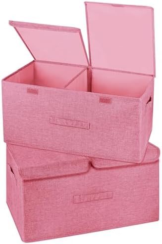 2 Pack Storage Boxes with Lids and Handles, Collapsible Linen Storage Bins Organizer Containers Baskets Cube with Removable Divider for Home Bedroom Closet Office (Pink, Large)