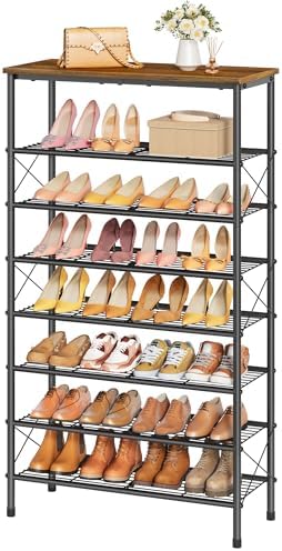 Tajsoon 8 Tier Shoe Rack for 28-32 Pairs of Shoes, Rustic Brown & Black