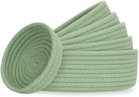 Small Shelf Storage Baskets for Organizing, 6 Pack Round Cotton Rope Bins, Decorative and Cute Woven Baskets for Bedroom and Closet, Key Tray Bowl, Home Decor Countertop Organizer (Green)