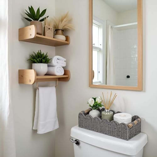 CubesLand Bathroom Basket Organizer, Toilet Tank Paper Storage Baskets 2PK | Scalloped Decorative Basket for Countertop w/Handle, Wicker Basket for Bathroom Decor, Home Decor, Living Room, Grey