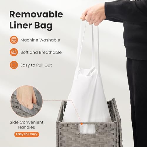 DUMOS Wicker Laundry Basket with Lid, 110L Woven Laundry Hamper with Handles, Foldable Rattan Clothes Hamper with Removable Liner & Sturdy Steel Frame, Dove Gray