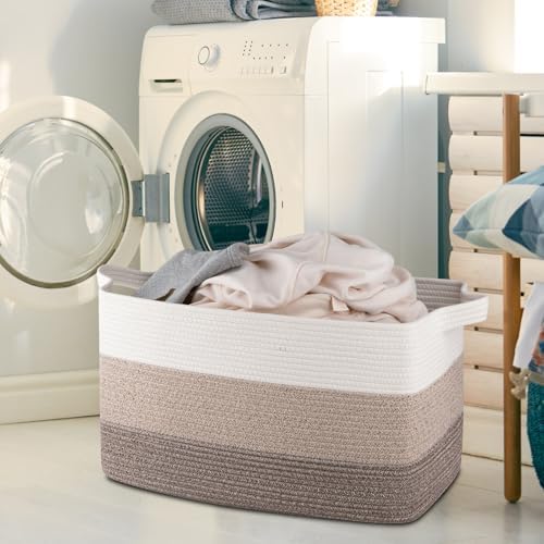 OIAHOMY Extra Large Blanket Basket, 110L Cotton Rope Woven Laundry Basket, Toy Bin for Baby Room, Container for Blanket Storage in Living Room, 24.8''×17.3''×15.8'', Gradient Brown