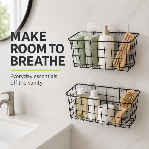ZUSHALLMY 2 Pack Wire Baskets for Wall, No Drill Adhesive Kitchen Storage | 11 x 4.72 x 4.72 in wall storage baskets with large adhesive strips for kitchens, bathrooms, pantries, RVs or cabinet doors