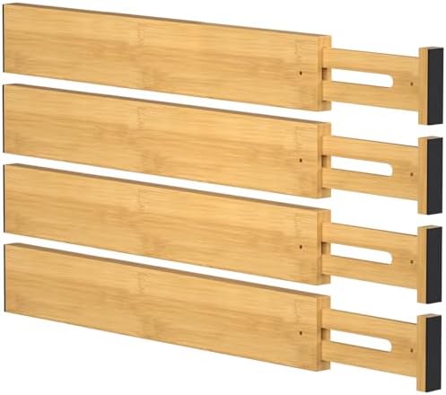 FUSHITON Bamboo Drawer Dividers 17"-22" Adjustable Expandable Drawer Organizers Spring Loaded Drawer Separators for Kitchen Dresser Bathroom Bedroom Office Storage, 4 Pack