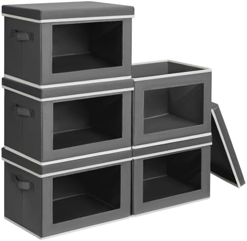 Homsorout Stackable Storage Bins with Lids - Large Decorative Basket with Lids, Fabric Foldable Closet Organizer Bins, Shelf Organizer for Living Room, Dorm, 5 Pack, Dark Grey