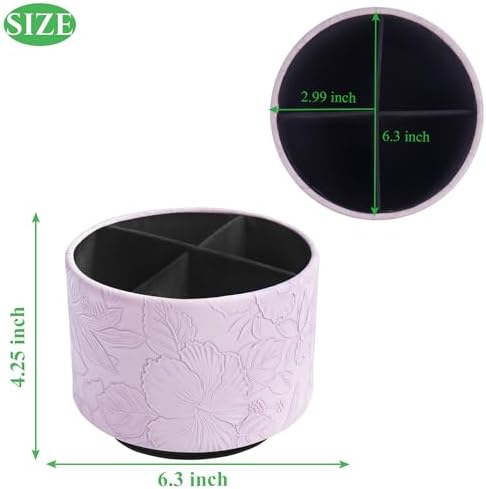 Round Leather Art Supply Organizer,Remote Control Holder,360 Degree Spinning,Multi-Functional Pencil Holder,4 Compartments Desktop Stationary Organizer(1-Carved Purple)