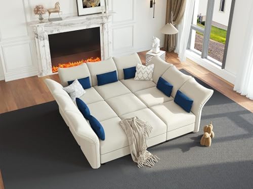 LLappuil Oversized Sleeper Sectional Sofa Couch, 102.2" 9-Seater Bed Shaped Modular Sectional Sofa with Storage Chaise, High Back Recliner Velvet Couches, Anti-Scratch White