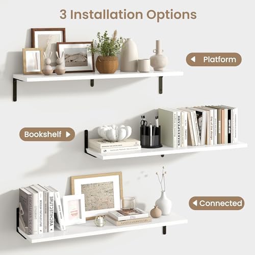 Fun Memories Deep Floating Shelves, 36W x 8D Floating Shelves Set of 2, Wall Mounted Shelf with Metal Brackets, Rustic Wood Wall Shelf for Bathroom, Kitchen and Living Room, White