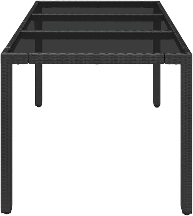 vidaXL Patio Dining Table with Glass Top - Outdoor Furniture, Poly Rattan Design, Stylish Black Finish, Easy to Assemble, Weather-, Durable and Stable, Size: 59.1"x35.4"x29.5"