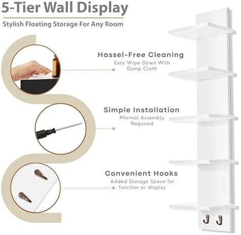 Sorbus 5-Tier Floating Wall Shelf with Hooks, 31 Inch (1 Pack, White) | Vertical five-level utility organization for kitchens, bedrooms and bathrooms; holds towels and mounted essentials.