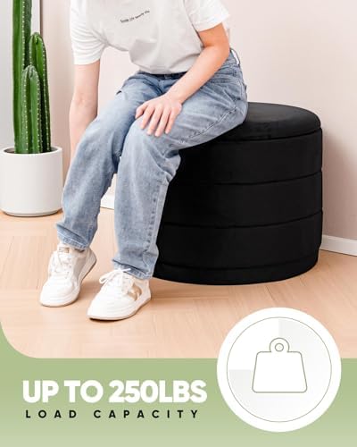 B FSOBEIIALEO 22.83" Round Velvet Storage Ottoman with Tray, Black