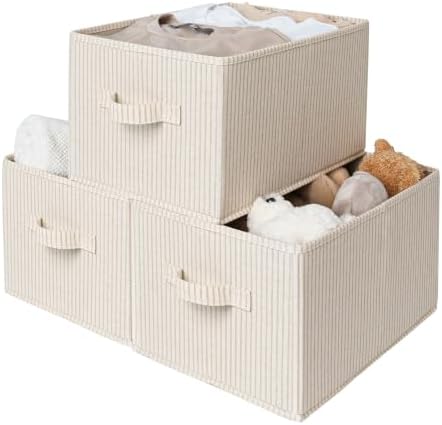 StorageWorks Shelf Organizer Bins, Beige Stripes, 3-Pack, Large | Foldable Shelf Organizer Bins, Closet Storage Baskets for Clothes, Fabric Storage Bins for Shelves