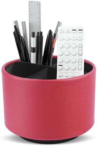 Round Leather Art Supply Organizer,Remote Control Holder,360 Degree Spinning,Multi-Functional Pencil Holder,4 Compartments Desktop Stationary Organizer(1-Lichee Red)