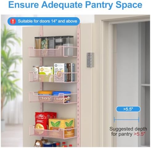 VyGrow 12.3" W Narrow Over the Door Pantry Organizer, 6-Tier Over the Door Organizer with Adjustable Basket, Pantry Door Organization for Pantry Kitchen Storage Room Spice Rack, Pink