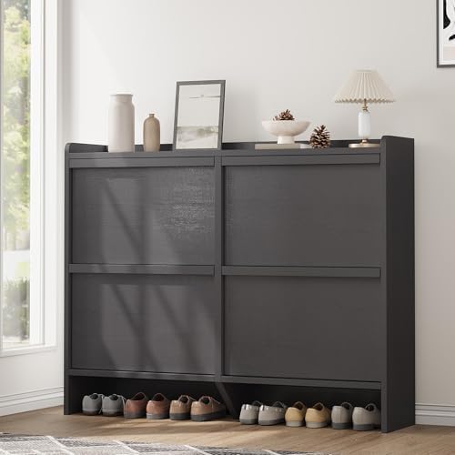 GarveeHome Shoe Cabinet with 4 Flip Drawers, Wooden Shoe Organizer Cabinet with Adjustable Shelf, Shoe Storage for Entryway, Hidden Shoe Cabinet for Hallway, Living Room, Black
