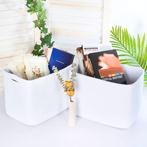 MINTWOOD Design 3-Pack Decorative Woven Storage Baskets for Shelves, Cube Bin Box for Organizing Books, Shoes, Dog Toys, Pantry Closet and Living Room Organizer, Full White