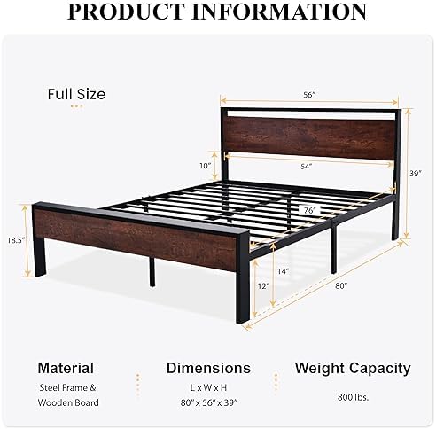 SHA CERLIN 14 Inch Full Size Metal Platform Bed Frame with Wooden Headboard and Footboard, Mattress Foundation, No Box Spring Needed, Large Under Bed Storage, Non-Slip Without Noise, Mahogany