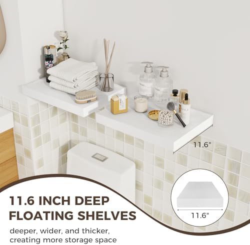 Fun Memories 12 Inch Deep Floating Shelves, 16 x 12 Wooden Wall Shelves, Extra Deeper & Thicker Rustic Wall Mounted Storage Shelf for Fireplace, Living Room, Kitchen, Farmhouse, White - 3Pack