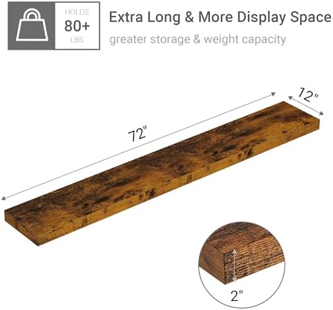 Vivelove Deep Floating Shelves 72x12” Set of 1, Rustic Brown | Easy Install With Hardware, 2" Thick, Invisible Brackets, Wall Mounted, No Sagging, For Any Room