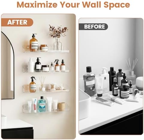 SpaceWhisper Arcylic Floating Shelves for Wall, 2-Pack, Clear | Display Hanging arcylic Shelf Organizer for Book, Picture Ledge, Room Decor, Wall Shelves for Bathroom, Bedroom, Living Room