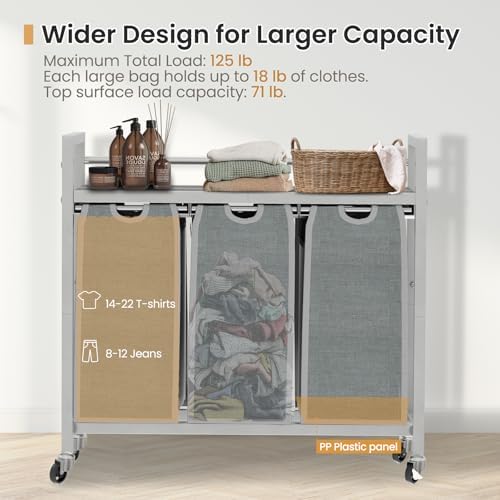 SwaaVee Laundry Sorter, Laundry Hamper 3 Section, 3×11.4Gal, Metal Frame Rolling Laundry Basket with Wooden Top Shelf, Pull out and Removable Laundry Bags, 3 Bags-Gray