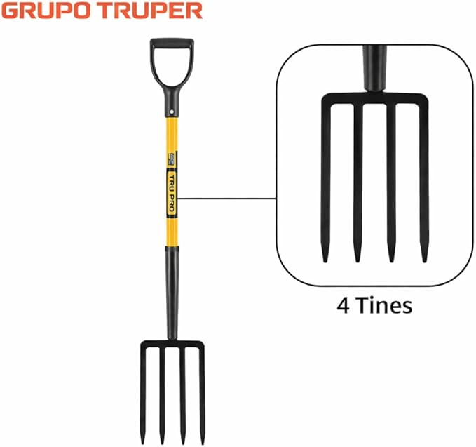 Truper TruPro Spading Fork, 4 Tines, 30-Inch Fiberglass D-Handle (Model BJ-4F / 30299)