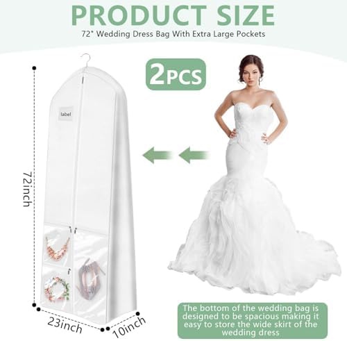 72" Long Wedding Dress Garment Bag Cover for Gowns Women with 10'' Gusseted Dress Bags 4 Pocket (White 2 Pack)