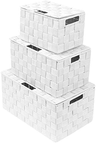 Sorbus Storage Basket with Lid, 3-Piece Woven Set for Shelves (White)