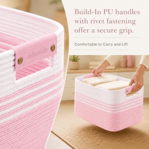 19.2GAL Sturdy Large Laundry Basket with Handles for Dirty Clothes, Portable Aesthetic Boho Cute Woven Storage Blanket Baskets for Living Room Decor and throws pillows Kids Toys Bath Towle White Pink