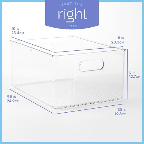Plastic Food Storage 6 Pack Clear Container Bin with Handles for Organizing Kitchen, Pantry, Refrigerator, Freezer, Pantry, Cabinet, Closet, Bathroom 10”x8”x5”