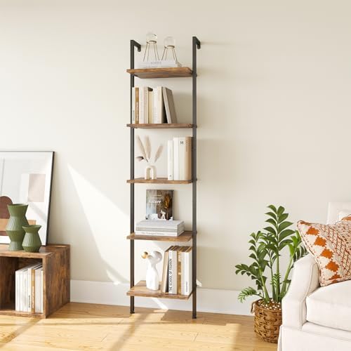 ELYKEN Ladder Shelf, 5-Tier Wood Wall Mounted Ladder Bookshelf | Leaning Storage Shelves with Metal Frame, Vintage Open Display Organizer Rack for Living Room, Bedroom, Home, Rustic Brown