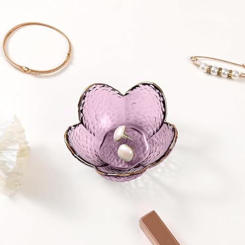 Gifts for Women Purple Flower Jewelry Dish Glass Ring Holder Decorative Jewelry Tray Cute Vanity Room Decor Aesthetic Nightstand Bathroom Decor Trinket Dish Friendship Christmas Birthday Gifts (2pcs)