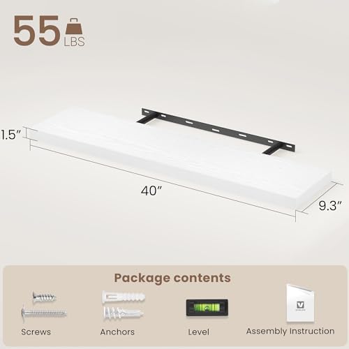 Vivelove Floating Shelves 9 inch Deep 40”Long Set of 2, White | Easy Install With Hardware, 1.5" Thick, Invisible Brackets, Wall Mounted, No Sagging, For Any Room