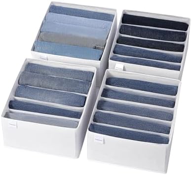 4 Packs Jeans Drawer Organizers for Clothing,5 Grids Compartment Wardrobe clothes organizer,Fabric Washable Closet Organizers and Storage Bins for Jeans,Pants,Bra,Legging,t-shirt-White