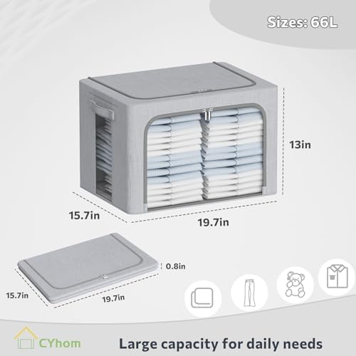 CYhom Clothes Storage Bins Box - Foldable Stackable Container Organizer Set with Clear Window & Carry Handles & Metal Frame - 2Pack Large Capacity for Bedding, Blankets, Books