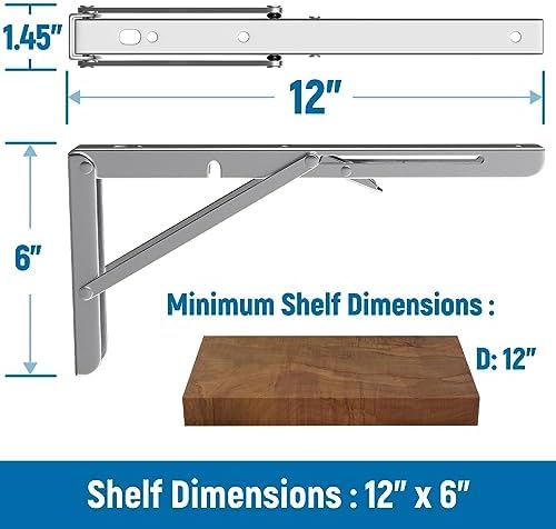 LEOPO 12 Inch Folding Shelf Brackets, 2 Pack Foldable Shelf Supports | Heavy Duty Triangle Wall Mounted Collapsible Brackets for Fold Down Table, Space Saving for Bench Table, Stainless Steel