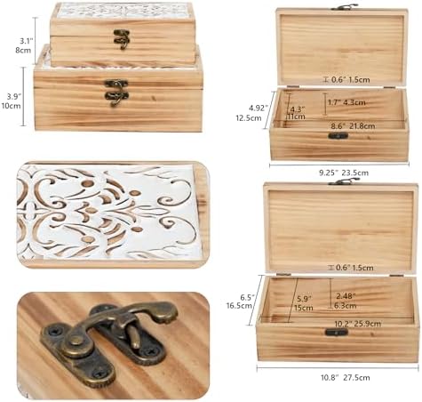 Wooden Storage Box Set of 2 - Hand Carved Floral Decorative Boxes | With Hinged Lids - Solid Pine Keepsake Organizer for Jewelry, Photos, and Rustic Farmhouse Home Décor