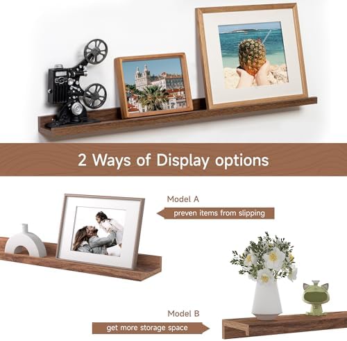 Fun Memories Picture Ledge Shelf, 32 Inch Floating Shelves Set of 2, Large Nursery Book Shelves for Toys Storage, Kids Bookshelf Wall Mounted for Wall Decor Books Photo Frames, Walnut