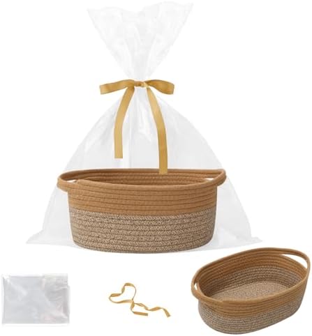 Woven Rope Basket - Baby Gift Basket with Bag & Ribbon, Jute&Brown