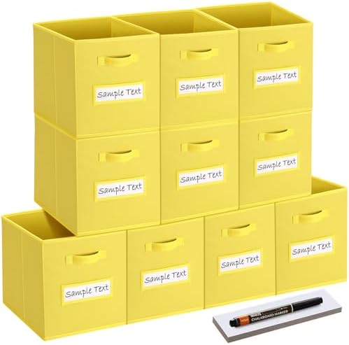 13x13 storage cube bins (Set of 10) Foldable Fabric storage cubes with 10 Labels Window Cards & a Pen,13 inch cube storage bins,Closet Organizers for Shelves,Cubby Organizer Boxes,Dark Yellow
