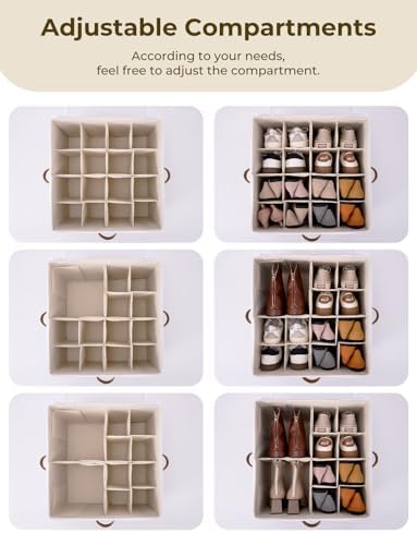 StorageWorks 16-Pair Fabric Shoe Storage Box for Closet, Brown and White | Adjustable Dividers, Holds up to 16 Pairs, Foldable, Clear Lid, Soft Handles, Fits Sneakers, Sandals & Flats, For Mudroom