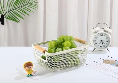 AJIODA 2Pack Metal Mesh Steel Basket, Small Wire Storage Organizer Basket Multi-function Hanging Kitchen Basket Fruit Basket with Wood Handle for Kitchen Picnic Cabinet Home Decor, Rectangle-Off White