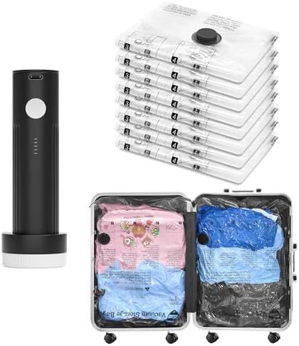 Vacuum Seal Bags for Clothing Travel and Home Storage, Travel Vacuum Bags with Electric Pump, Space Saver Compression Packing Cubes for Luggage Suitcase Bedding Blankets Clothes, 8 Medium