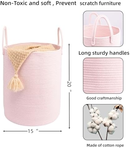 Woven Cotton Rope Laundry Basket, 15" x 20" Laundry Hamper, Pink | Rope storage basket for dirty clothes, toys and blankets. Perfect for bathroom, baby nursery and living room storage.