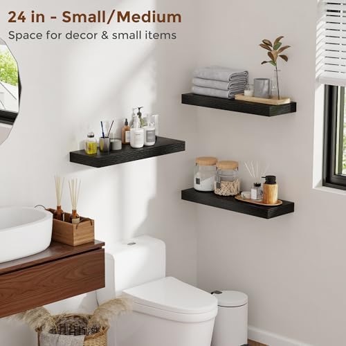 Heimlove 12 Inch Floating Shelves for Wall Black Shelves Set of 2,Wall Mounted Rustic Wood 8 Inch Deep Floating Shelf with Invisible Brackets for Bedroom Kitchen Living Room