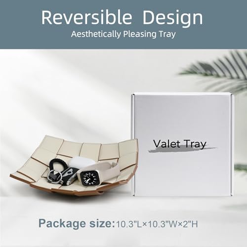 Valet Tray PU Leather Key Bowl for Men Women Entryway Table Nightstand Catchall EDC Dump Tray for Wallet, Keys, Jewelry Men's Gift - Coffee & White, 9.8" L x 9.8" W x 2" H
